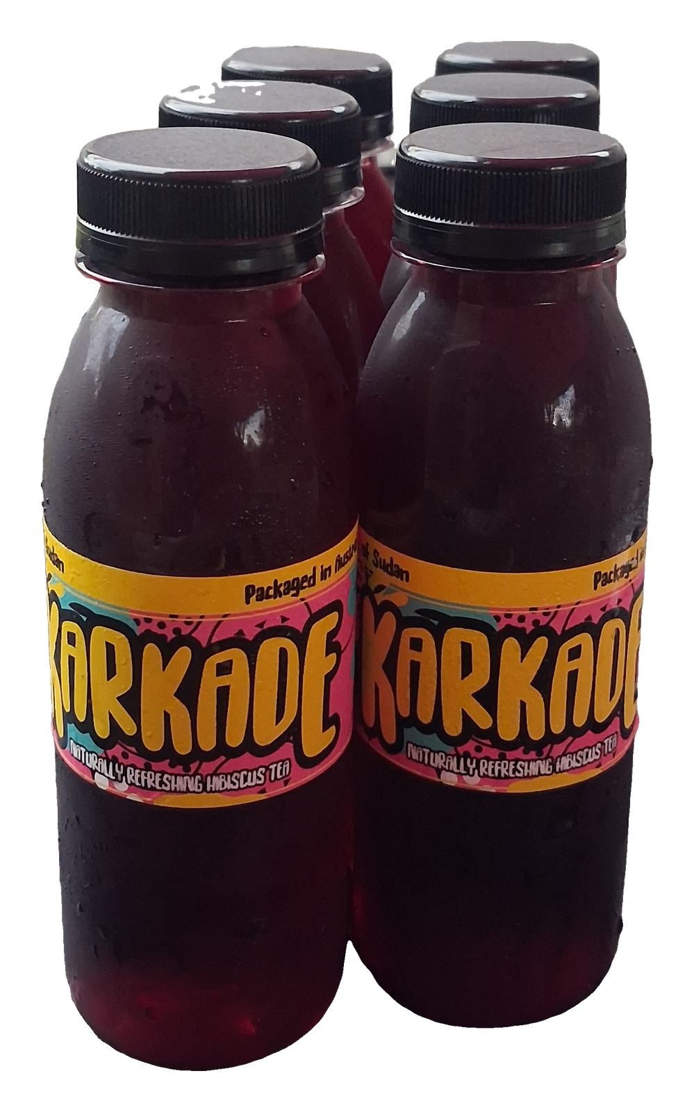 Six bottles of Karkade hibiscus drink in the finished label