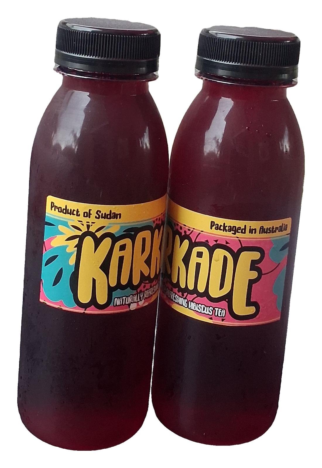 Two bottles of Karkade hibiscus drink in the finished label