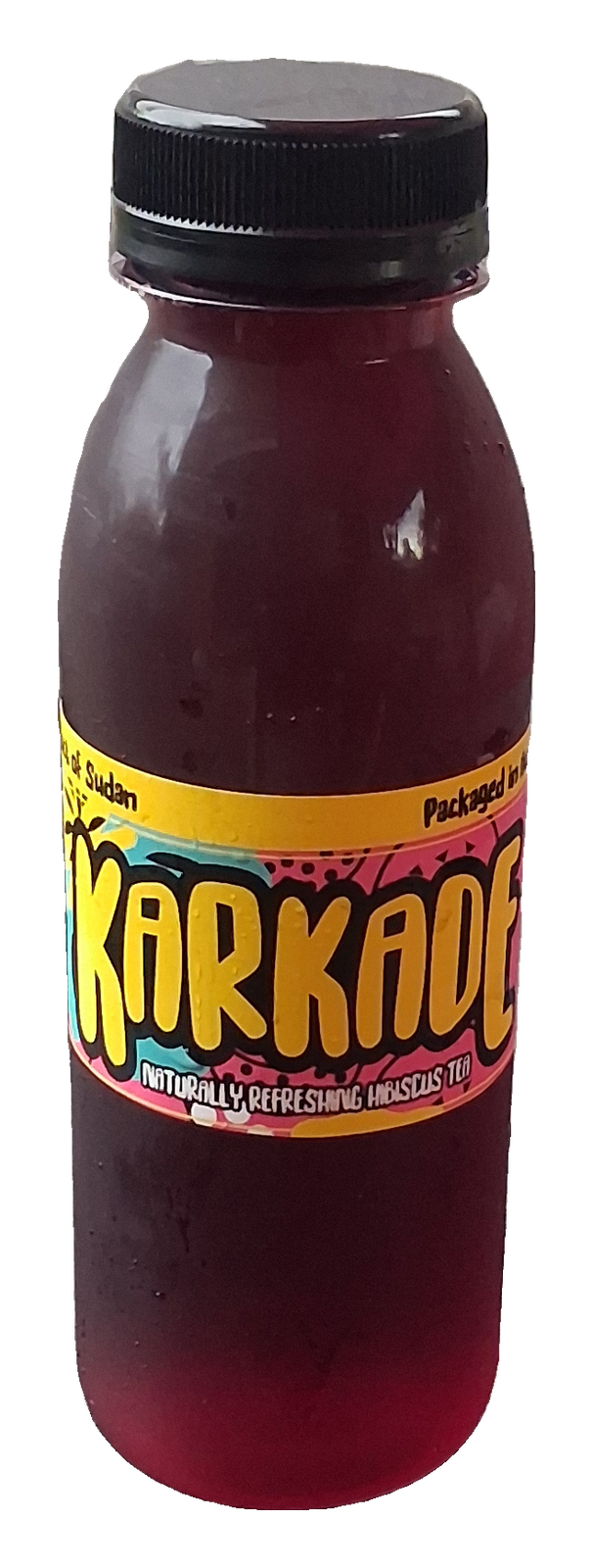 A bottle of Karkade hibiscus drink in the finished label